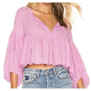 Free People Beaumont Mews Top Women's Small Pink Peasant Crop Cotton Blend